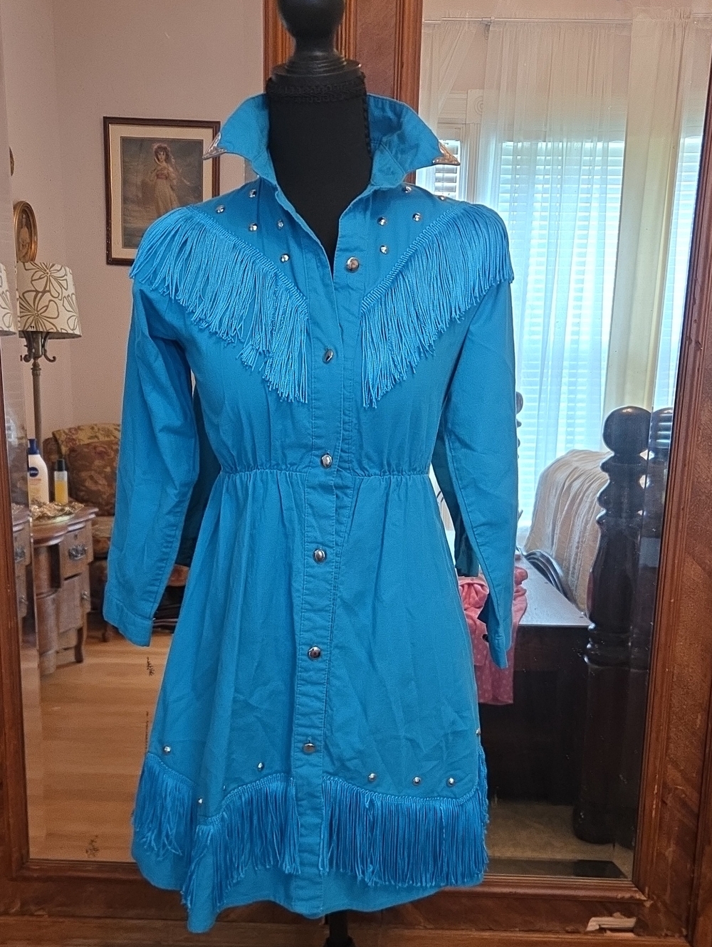 Turquoise Western Style Fringe Snap-Front Mini Dress- STYLE AS A DUSTER!!